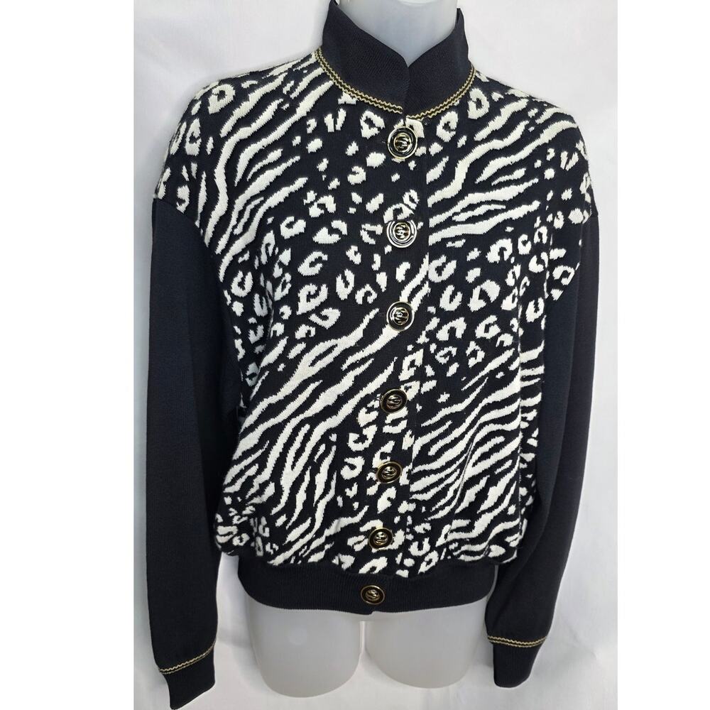 St John Collection Black White Animal Print Knit Cardigan Sleeve Discoloration